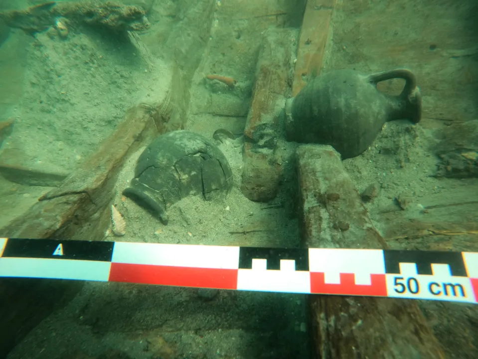 Ceramic jugs found at the bottom of an ancient Roman ship.