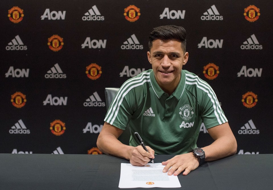 Alexis Sanchez signing his contract for Manchester United.