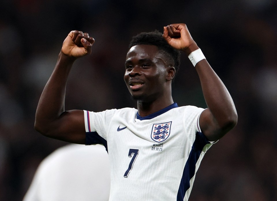 England's Bukayo Saka celebrates scoring their third goal against Wales.
