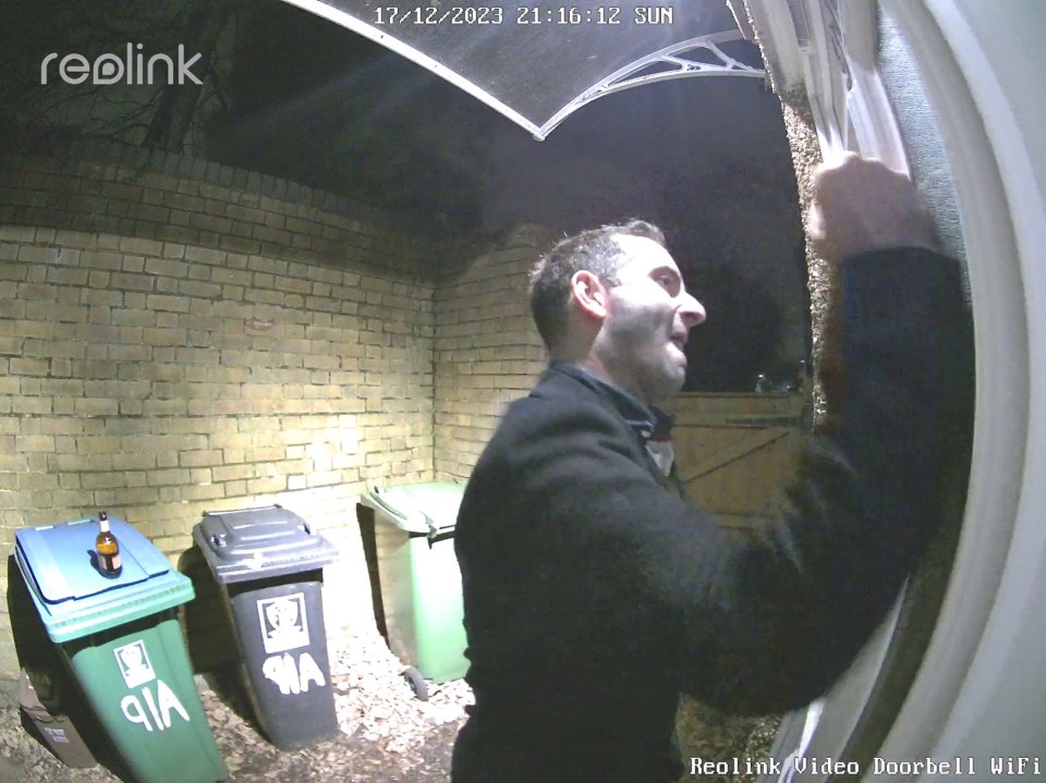 Karl Chads banging on Grace's door before breaking in, captured by a video doorbell.