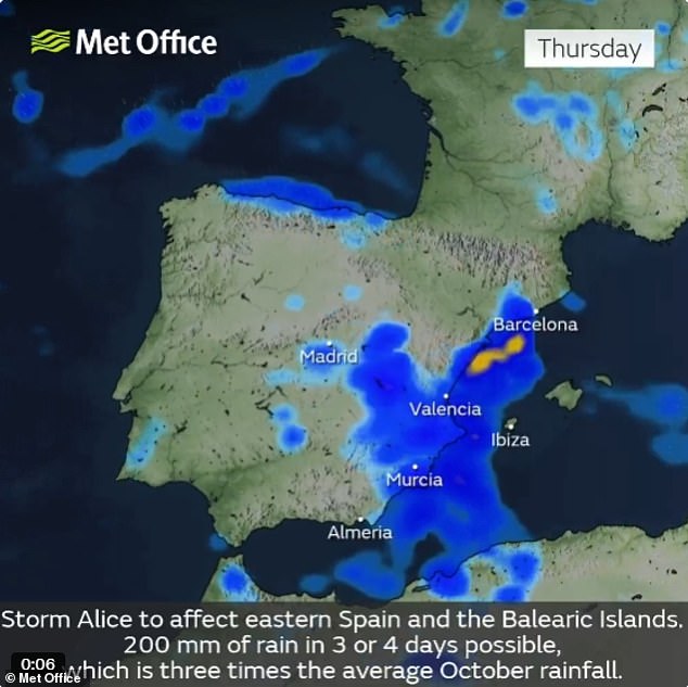 Rainfall totals could exceed 140 millimetres (five and a half inches) in 12 hours, especially in Valencia, the weather office said