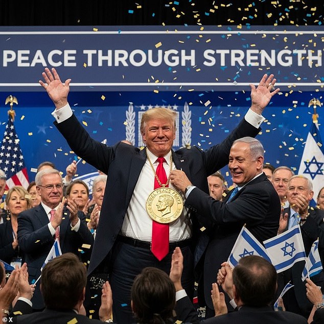 Benjamin Netanyahu has posted an AI image of himself presenting Donald Trump with a Nobel Peace Prize medallion