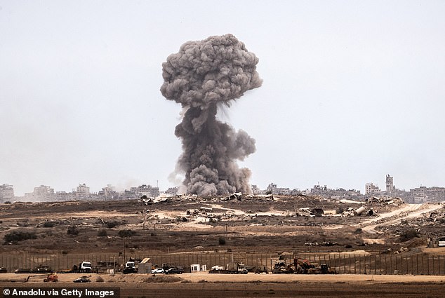 Smoke rises after Israeli airstrikes targeted areas in the Gaza Strip despite the announcement of a cease-fire agreement, as seen from the Israeli city of Sderot near the border, on October 9, 2025