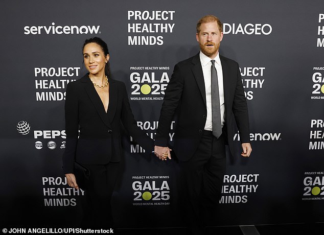 Meghan Markle sported a chic black suit alongside Prince Harry who coupled his formal attire with a tie