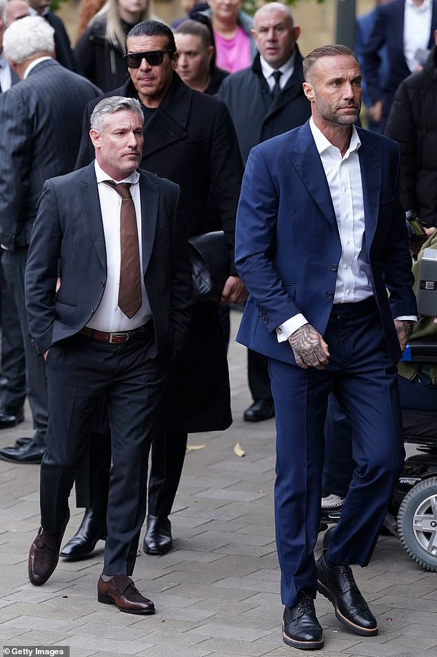 EastEnders actor Dean Gaffney and Calum Best at the funeral of Hatton in Manchester today