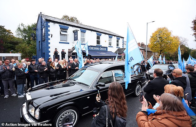 The cortege outside the Cheshire Cheese in Hyde today as Ricky Hatton's funeral takes place