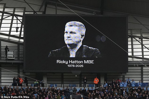 A tribute is paid to the late Hatton on the big screen at his spiritual home, the Etihad Stadium, where his funeral procession will finish