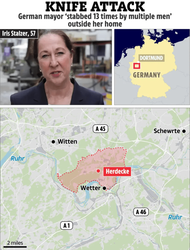 Collage of a photo of Iris Stalzer, 57, a map of Germany highlighting Dortmund, and a detailed map of the Herdecke region.