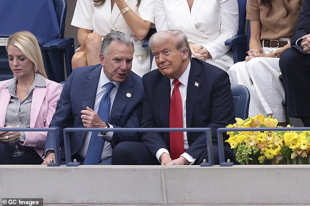 He immediately drove 20 minutes down to Sunset Island, where fellow real estate developer-turned-Trump administration negotiator Steve Witkoff (pictured with Trump) lives