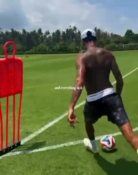 Dele Alli training with a soccer ball on a green field.