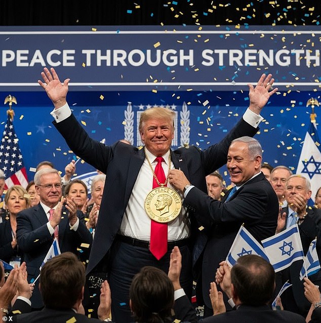 Benjamin Netanyahu has posted an AI image of himself presenting Donald Trump with a Nobel Peace Prize medallion