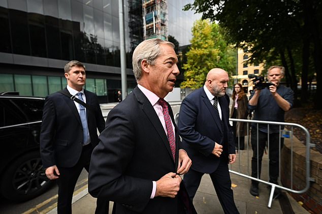 Mr Farage was accompanied by security guards as he attended Southwark Crown Court to give evidence on Tuesday