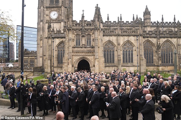 Mourners leaving the funeral of Ricky Hatton at Manchester Cathedral this afternoon