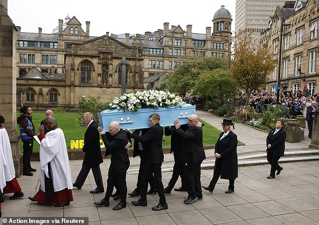 The coffin arrives for the memorial service at Manchester Cathedral for Ricky Hatton today