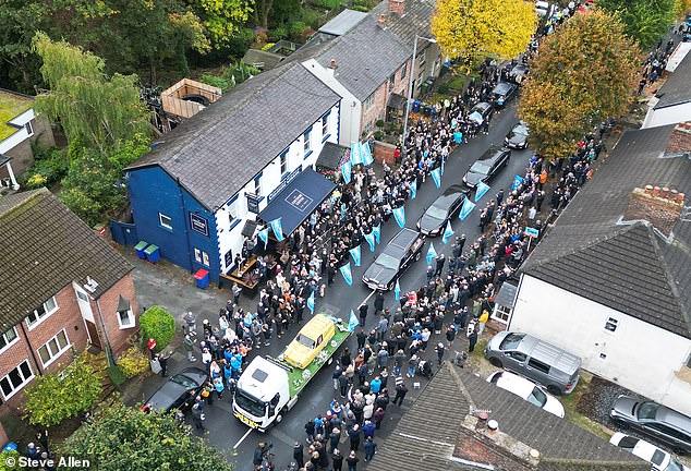An aerial view of Ricky Hatton's funeral cortege outside the Cheshire Cheese in Hyde today