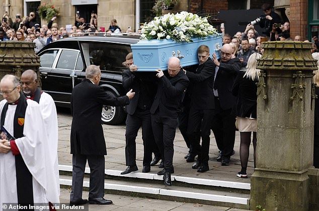 The coffin arrives for the memorial service at Manchester Cathedral for Ricky Hatton today