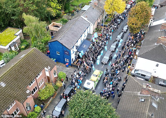 An aerial view of Ricky Hatton's funeral cortege outside the Cheshire Cheese in Hyde today
