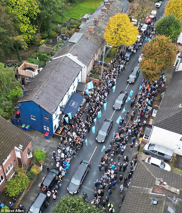 An aerial view of Ricky Hatton's funeral cortege outside the Cheshire Cheese in Hyde today