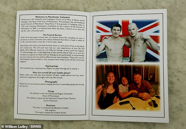 Photos of Hatton on the order of service for his funeral at Manchester Cathedral today