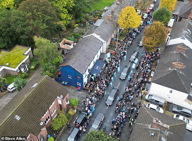 An aerial view of Ricky Hatton's funeral cortege outside the Cheshire Cheese in Hyde today