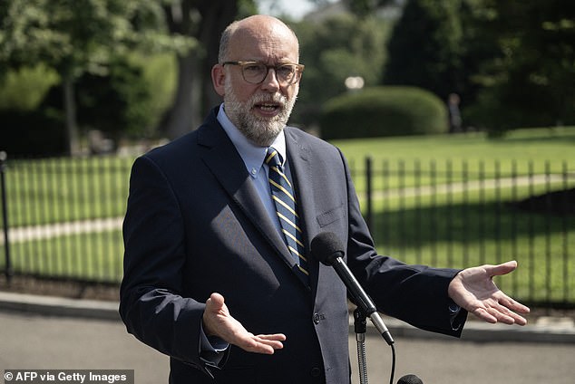 Director of the US Office of Management and Budget (OMB) Russell Vought speaks to reporters outside the West Wing of the White House on July 17