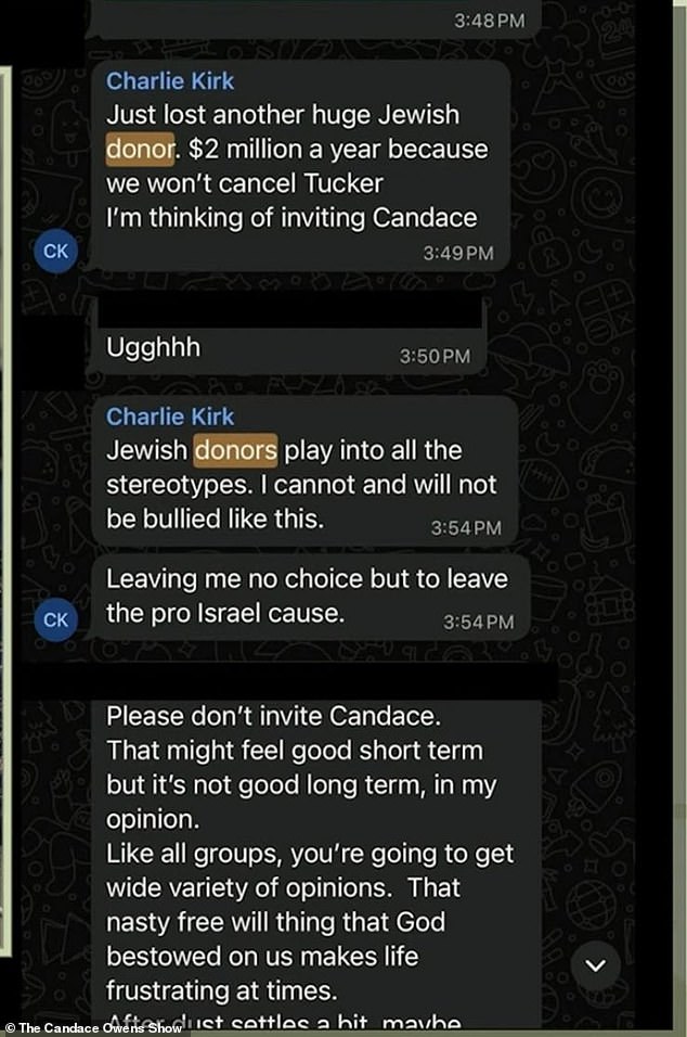 Other text messages from the same group chat show Kirk raging about Jewish donors for pulling funding over his links to Tucker Carlson
