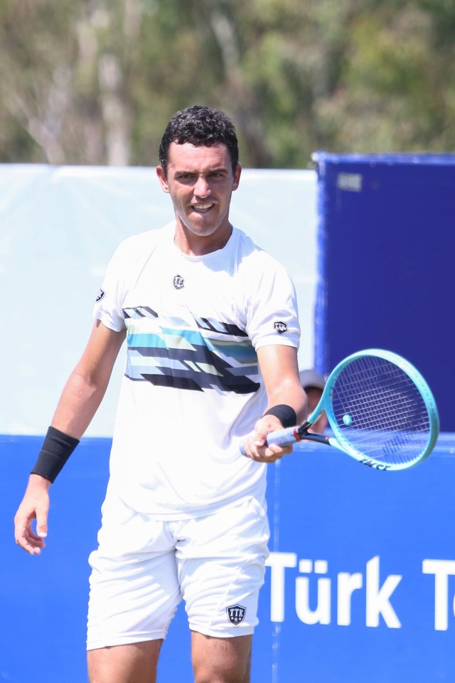 Goncalo Oliveira in action during a qualifying match at the Turkish Airlines Antalya Open Tennis Tournament.