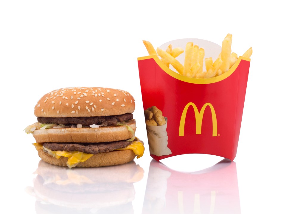 McDonald's Big Mac hamburger and fries on a white background.