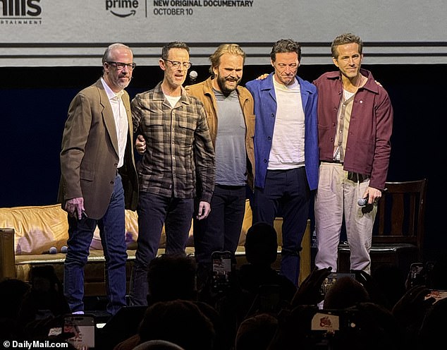 The pals were joined onstage at the Kings Theatre by moderator Daniel Pasternack, director Colin Hanks, John Candy's son Chris (from left to right)