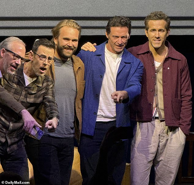 Ryan's best friend Hugh Jackman attended the Q&A on Wednesday. The Wolverine star entered the stage wearing a band-aid on his face (pictured)