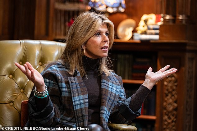 Only Good Morning Britain presenter Kate Garraway (pictured), 58, opted for more ¿relatable¿ attire in a £60 Boohoo tartan jacket