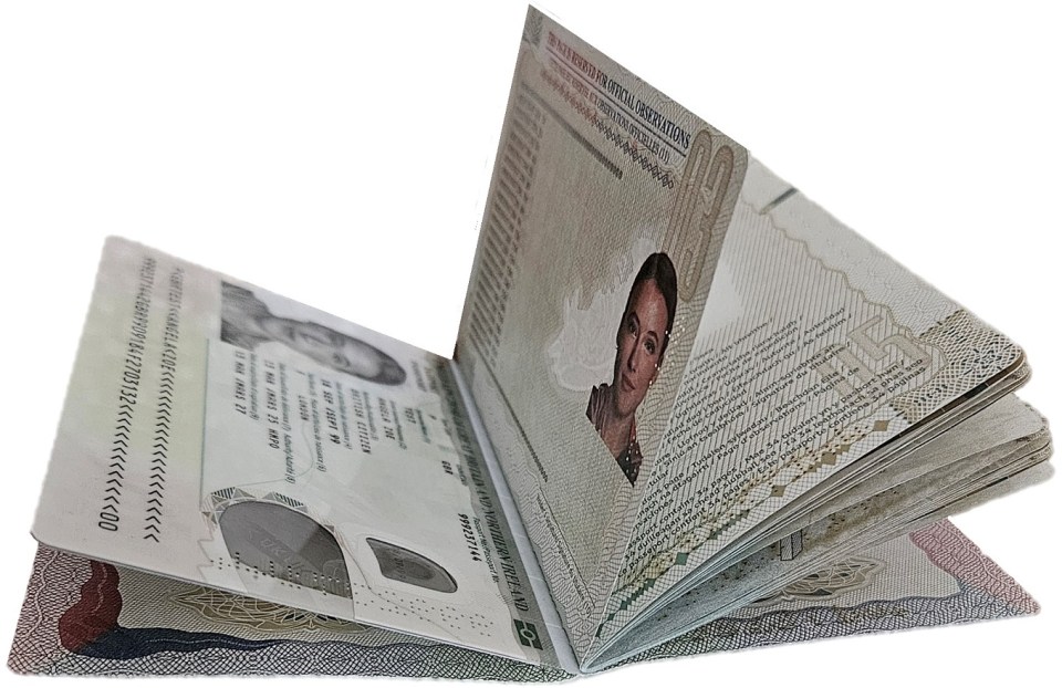 Opened British passport showing the identity page with a woman's photo and the visa pages with holographic features.
