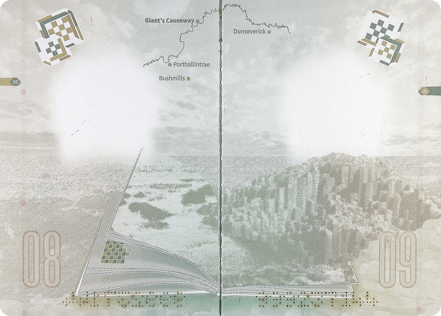 Illustration of a British passport page featuring images of the Giant's Causeway with a map of the area and an open book.