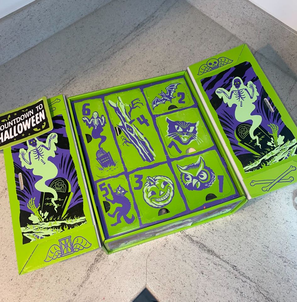 Countdown to Halloween box with bright green and purple illustrations of ghosts, skeletons, a cat, an owl, a pumpkin, and bats, with numbers 1-6.