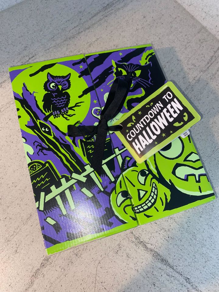 Illustration of a "Countdown to Halloween" advent calendar with an owl, black cat, pumpkins, and gravestones.