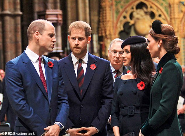 While the couple appeared to have superficially settled into Royal life, a striking conversation captured during the service may have been an early indication of their imminent exit plan. The Armistice Day service saw the so-called 'Fab Four' to reunite (pictured)