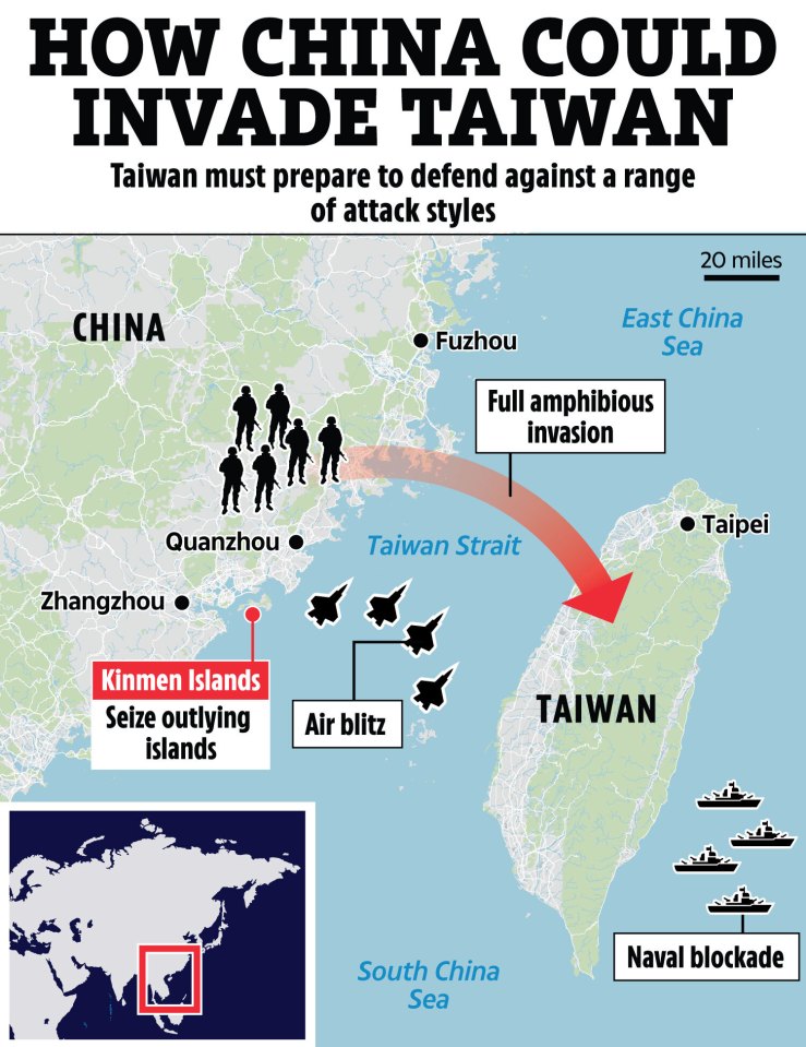 Illustration of a map detailing how China could invade Taiwan, including a full amphibious invasion, air blitz, naval blockade, and seizing of outlying islands.