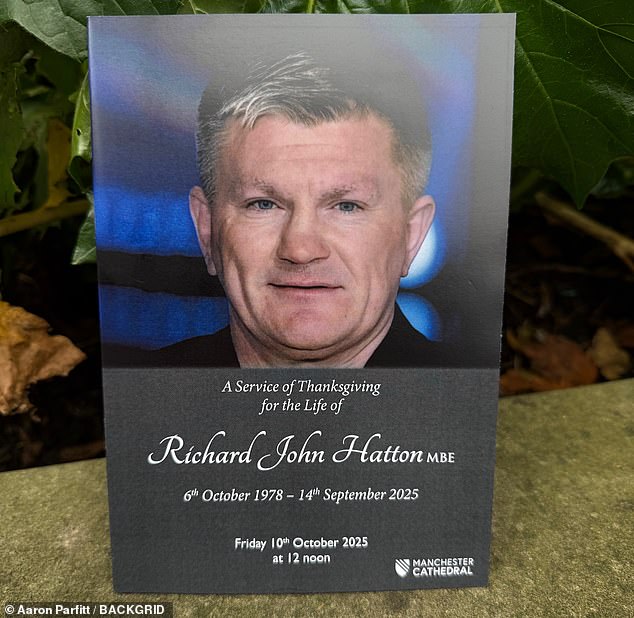 The front cover of the order of service for Hatton's funeral at Manchester Cathedral on Friday