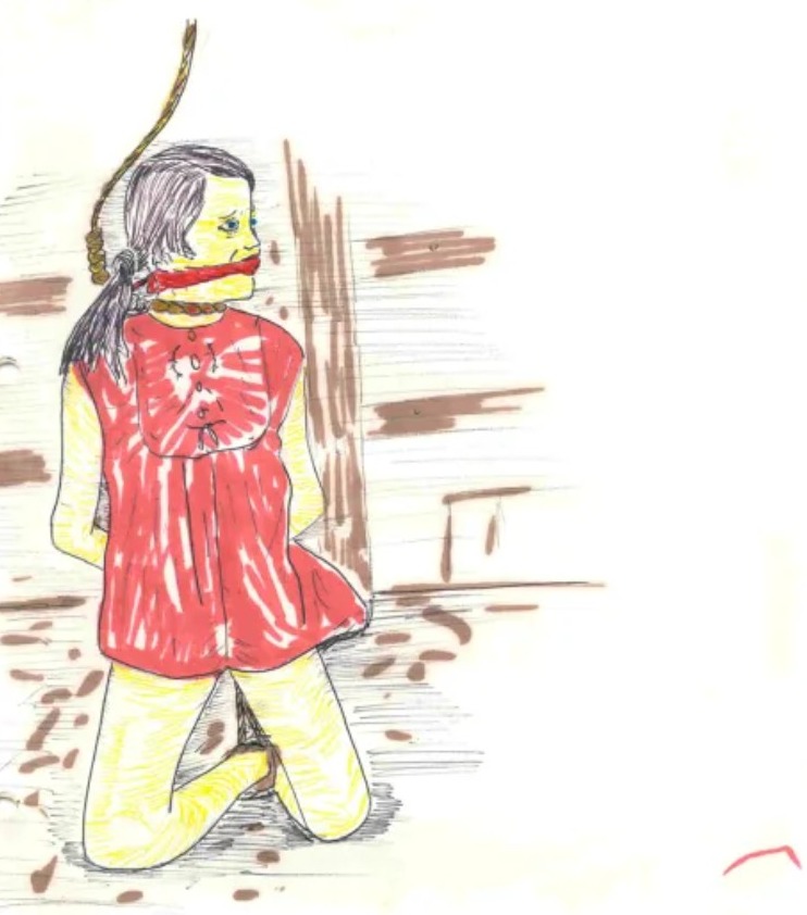 Illustration of a bound and gagged woman kneeling, with a noose around her neck.