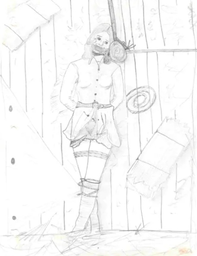 Illustration of a bound and gagged woman.