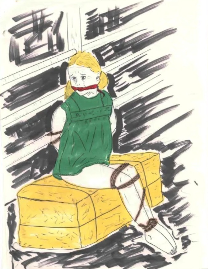 Illustration of a bound and gagged female wearing green sitting on a hay bale.