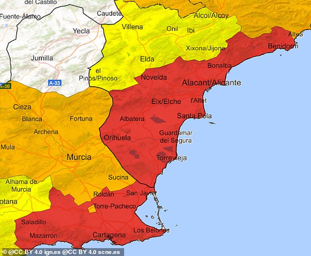AEMET said the red alert would be in effect from 10:00 am (0800 GMT) on Friday in Mediterranean coastal regions of the province of Alicante, as well as in the neighbouring region of Murcia