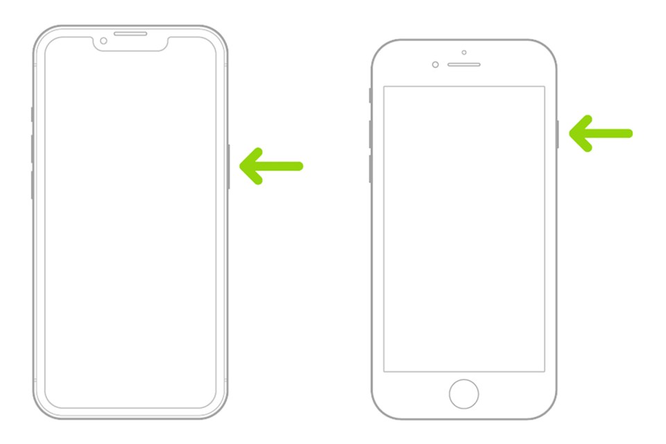 Illustration of two iPhones with arrows indicating the side button.