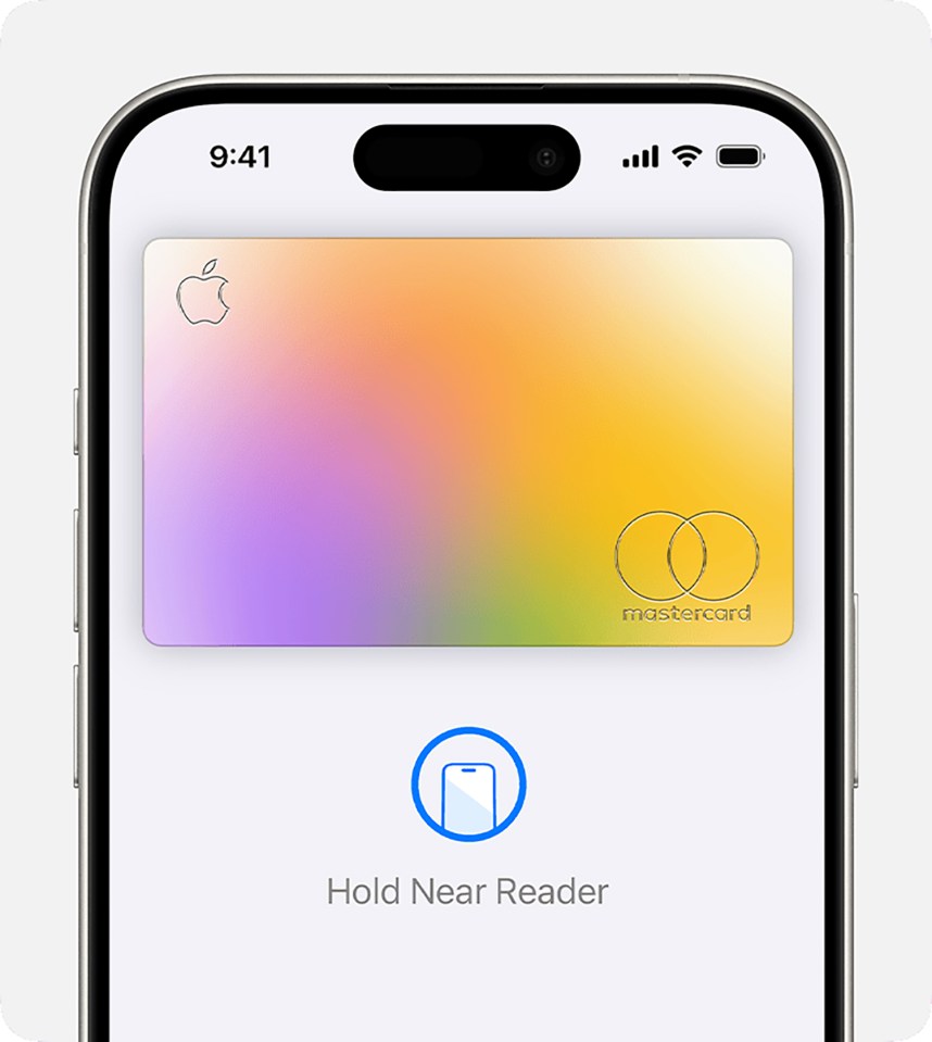 Apple Wallet display on an iPhone with a colorful Apple Card and a "Hold Near Reader" prompt.