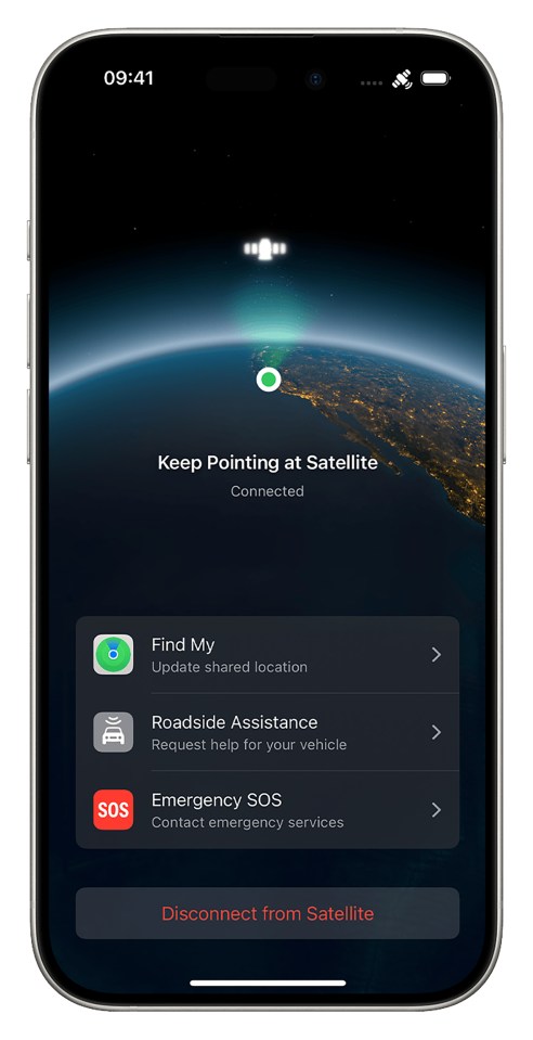 Illustration of a phone screen showing "Keep Pointing at Satellite" with options for "Find My," "Roadside Assistance," and "Emergency SOS."