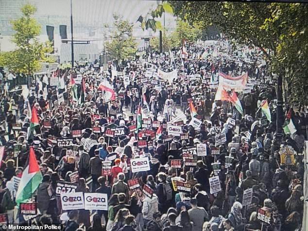 Thousands gathered on Victoria Embankment in central London ahead of the pro-Palestine march to Whitehall