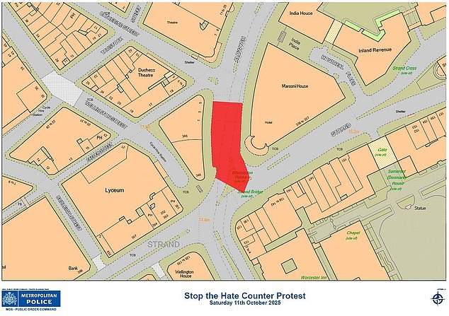 Counter-protesters must remain in the red area just off the Strand during today's protest