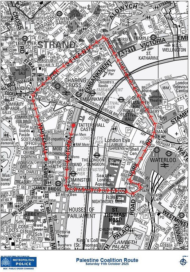 Pro-Palestine protesters have been told they must march along this pre-agreed route before gathering in Whitehall