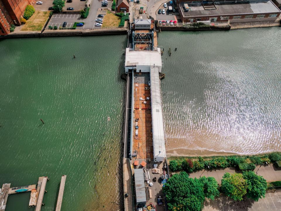 Aerial view of Corporation Bridge in Grimsby, UK, undergoing refurbishment.