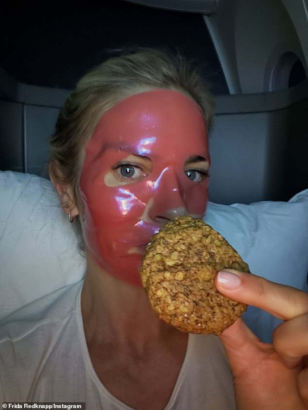 Taking a few days off to slow down, she snapped herself wearing a face mask and holding a cookie as she indulged in some self care